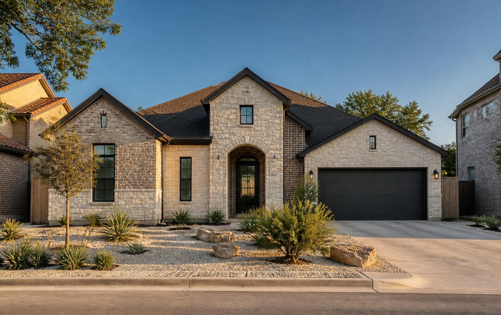 Single-family home with limestone and brick exterior in an Austin, Texas suburb